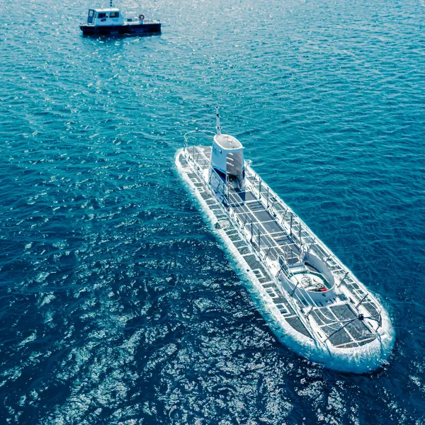 Two boats on a vast, calm blue ocean on a sunny day.