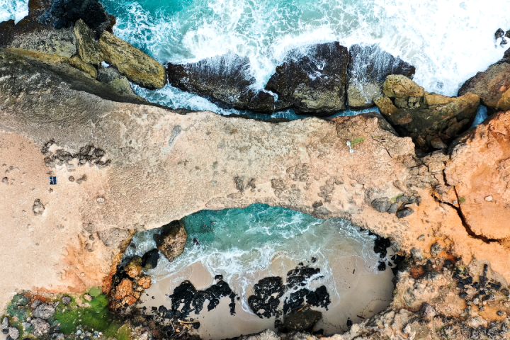 a close up of a rock near the ocean