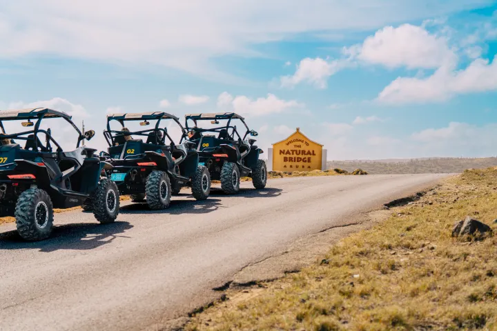 Four ATVs parked by a road sign on a sunny day with blue sky.