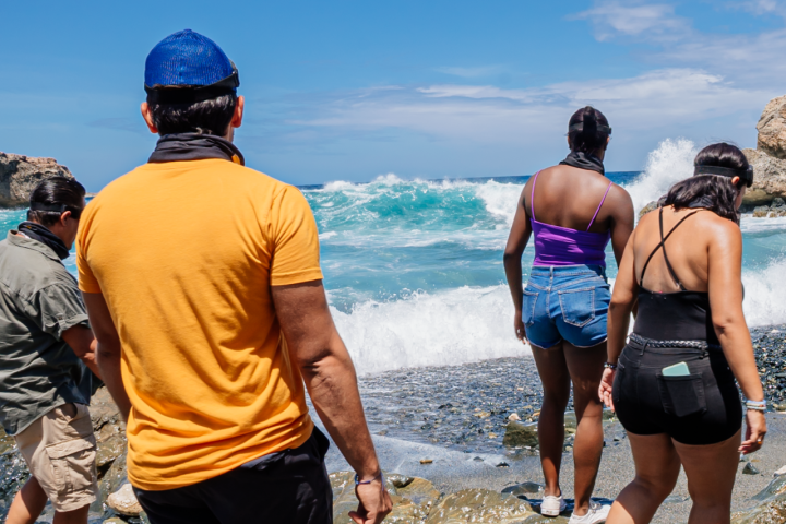 a group of people standing on top of a sandy beach