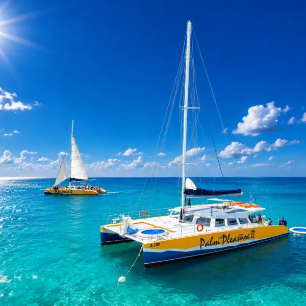 Two sailboats on clear blue ocean under bright sun and blue sky.