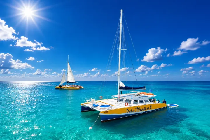 Two sailboats on clear blue ocean under bright sun and blue sky.
