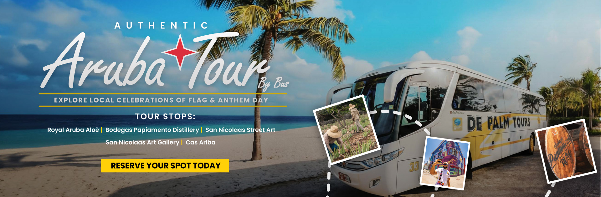 Tour bus on a beach with palm trees, promoting 'Authentic Aruba Tour' by De Palm Tours.