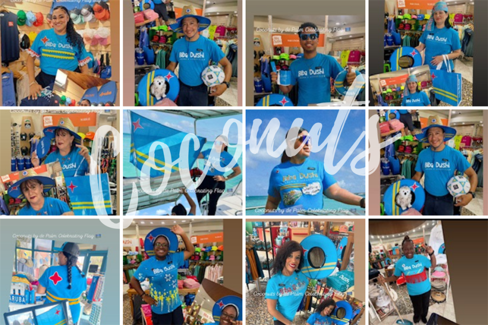 Collage of people in blue shirts with Aruba flag-themed items, text 'Coconuts' overlaid.