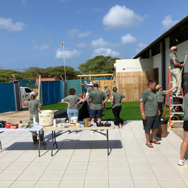 People working outdoors with tools and equipment on tables.