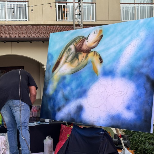 Artist painting large sea turtle on canvas outdoors.