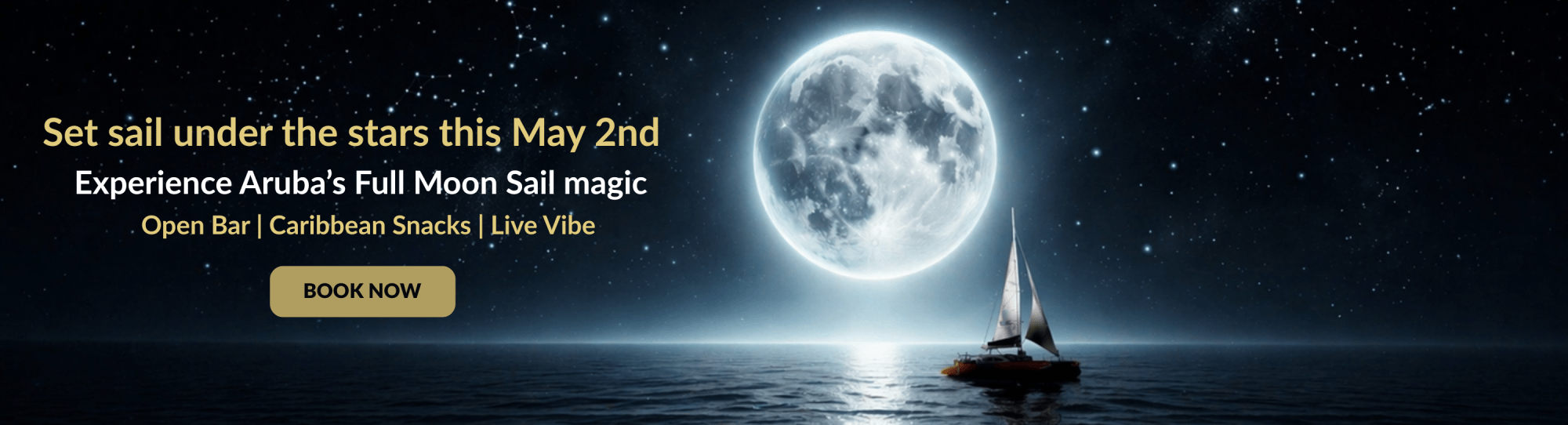 Sailboat under a full moon with event text and a 'Book Now' button.