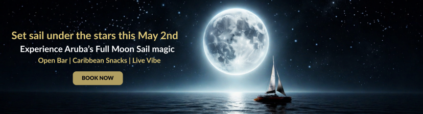 Sailboat under a full moon with event text and a 'Book Now' button.