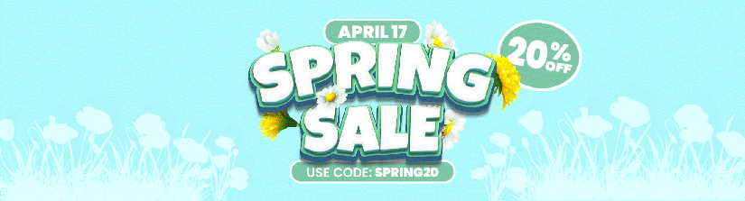 Spring sale banner: April 17, 20% off, use code SPRING20, with flowers and light blue background.
