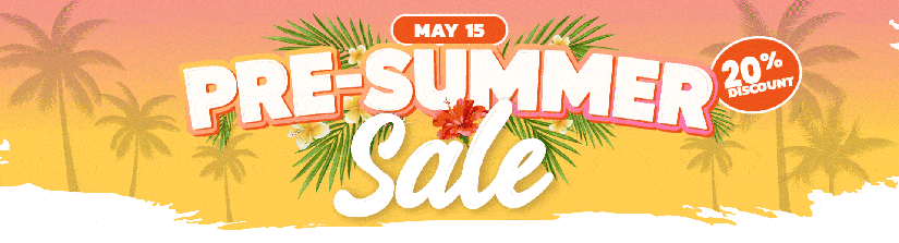 Pre-summer sale banner with palm trees and flowers, 20% discount.
