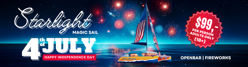 Starlight Magic Sail 4th of July event with fireworks, $99 per person, open bar. Boat on water.