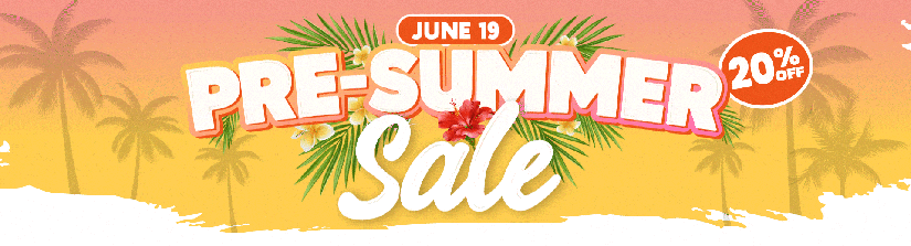 Pre-Summer Sale banner with palm trees and 20% off, dated June 19.