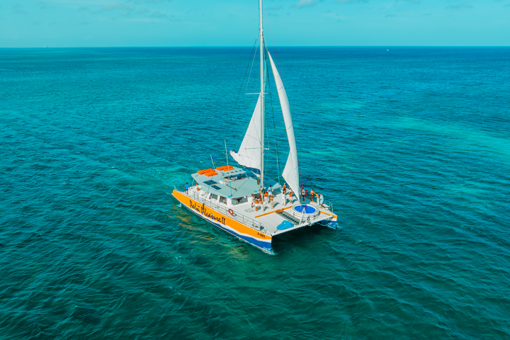 Catamaran with sails in ocean under clear sky.
