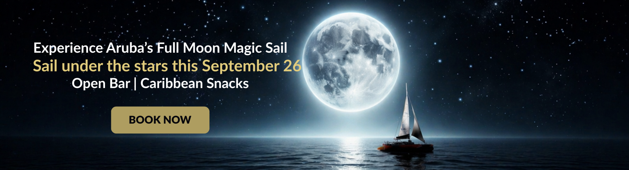 Sailboat under full moon with event text and 'Book Now' button.
