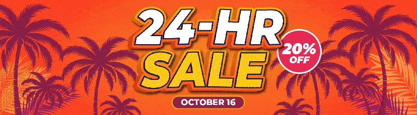 Tropical-themed banner: 24-HR Sale, 20% off, October 16.