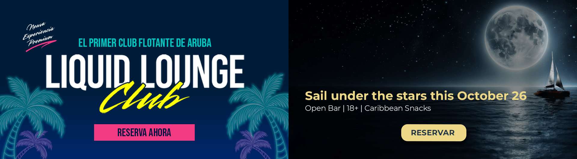 Liquid Lounge promo: floating club, reserve now; sail October 26 with open bar.