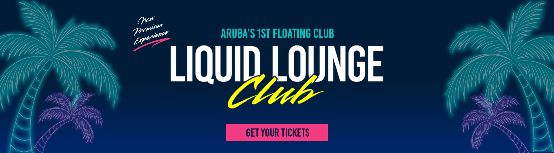 Tropical-themed banner for 'Liquid Lounge Club' with palm trees and ticket button.