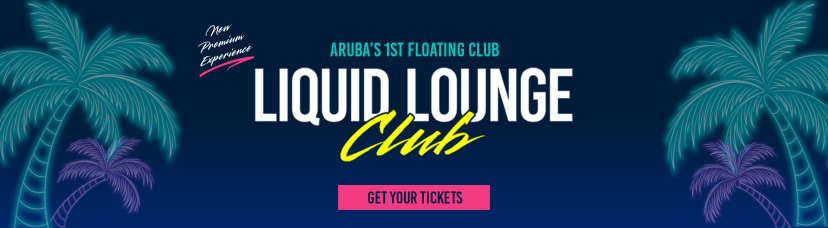 Tropical-themed banner for 'Liquid Lounge Club' with palm trees and ticket button.